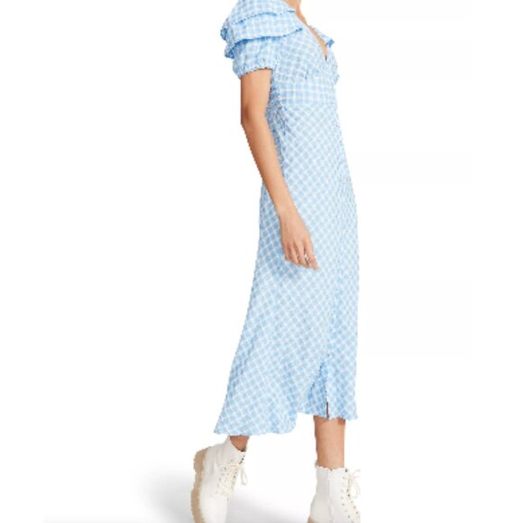 Betsey Johnson Size XL Blue Checkered Puff Sleeve Plaid Midi Dress Casual Flirt - Picture 3 of 11